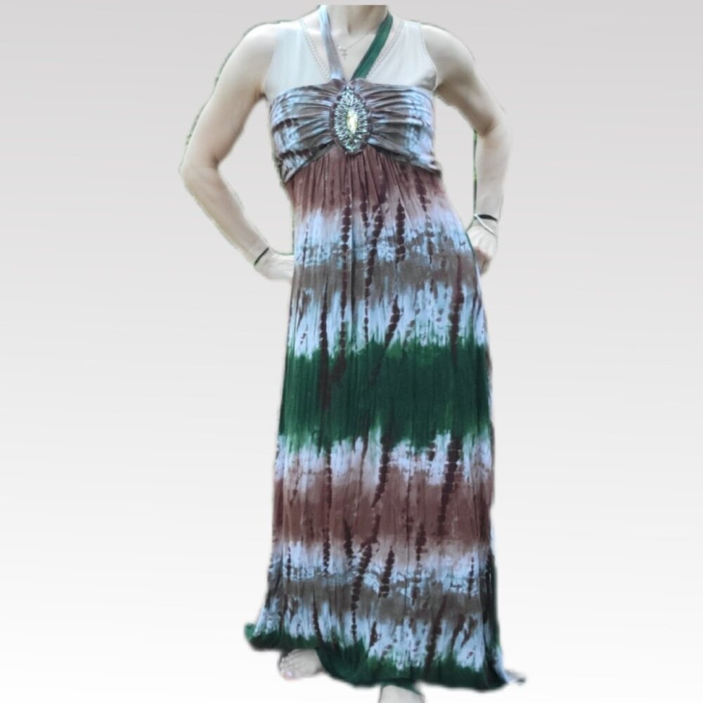 Venus Tie Dye Green Brown Embellished Halter Earthy Boho Indie Y2k Maxi Dress